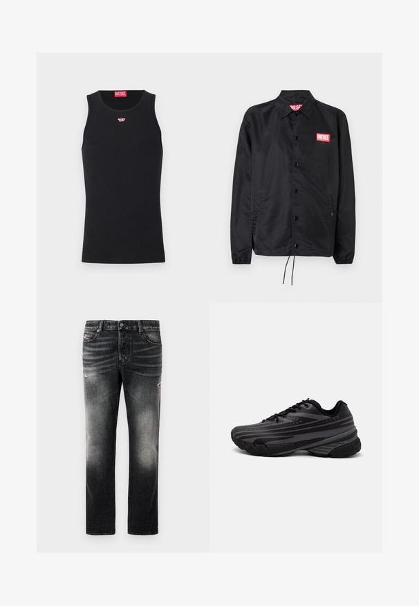 Μαύρο μπουφάν από λείο, ελαφρύ ύφασμα, με μπροστινό κουμπί, ελαστικούς καρπούς, πλαϊνές τσέπες και κόκκινη ετικέτα λογότυπου Diesel.; Μαύρο αμάνικο μπλουζάκι από απαλό ύφασμα, με στρογγυλή λαιμόκοψη, ανοιχτές μανικέτες και ένα μικρό κόκκινο λογότυπο στο στήθος. Απλός σχεδιασμός, χωρίς μανίκια.; Μαύρα τζιν με φθαρμένη φινίρισμα και φθορές, κλασικό σχέδιο πέντε τσέπες και κλείσιμο με φερμουάρ. Φτιαγμένα από υλικό τζιν.; Μαύρο αθλητικό παπούτσι με υφή στο άνω μέρος που διαθέτει γκρι ρίγες. Παχύ πέλμα για απορρόφηση κραδασμών, στρογγυλή μύτη και επίπεδα κορδόνια για ασφαλή εφαρμογή.
