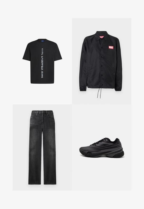 Juoda striukė, pagaminta iš lygaus, lengvo medžiagų, su mygtukų priekyje, elastinėmis rankovėmis, šoninėmis kišenėmis ir raudonu "Diesel" logotipo ženkleliu.; Juodas medvilninis marškinėlis su vertikaliai raudonais užrašais "KARL LAGERFELD JEANS." Klasikinis apykaklė su trumpomis rankovėmis. Lygus paviršius.; Juodos tiesios kojų džinsai, pagaminti iš džinsinio audinio, su penkiomis kišenėmis, diržo kilpomis ir švelniu audinio blukimu, kuris suteikia tekstūrą.; Juodas bėgimo batelis su tekstūruotu viršumi, kuriame yra pilkos juostos. Storas padas amortizacijai, apvalus pirštas ir plokščios raištelės tvirtam prigludimui.