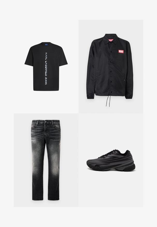 Fekete dzseki sima, könnyű anyagból, gombos elülső résszel, rugalmas mandzsettákkal, oldalsó zsebekkel és egy piros Diesel logós folttal.; Fekete pamut póló, függőleges fehér felirattal: "KARL LAGERFELD JEANS." Klasszikus kerek nyakkivágás és rövid ujjak. Sima textúra.; Fekete farmernadrág, amely elhasználódott hatású és kopott részletekkel rendelkezik, klasszikus öt zsebes dizájnnal és cipzáras záródással. Denim anyagból készült.; Fekete futócipő texturált felsőrésszel, szürke csíkokkal. Vastag talp a párnázottságért, kerek orr, és lapos fűzők a biztos illeszkedés érdekében.