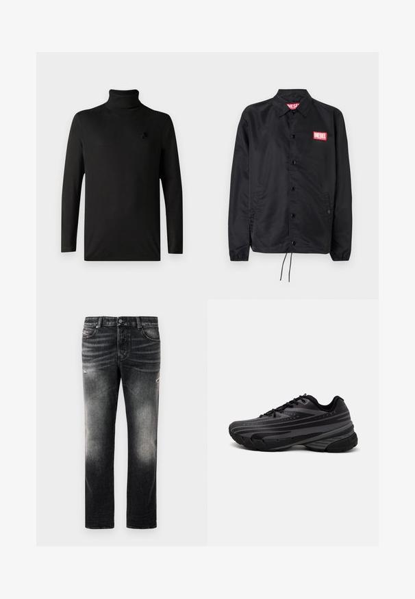 Schwarze Jacke aus glattem, leichtem Material mit Knopfriegel, elastischen Bündchen, seitlichen Taschen und einem roten Diesel-Logo-Patch.; Schwarzes langärmliges Rollkragen-Shirt mit einem kleinen dezenten Logo auf der oberen linken Brust, dargestellt auf einem schlichten weißen Hintergrund.; Schwarze Jeans mit einem verblassten Finish und verwaschenen Akzenten, klassisches Fünf-Taschen-Design und Reißverschluss. Hergestellt aus Denim-Stoff.; Schwarzer Laufschuh mit einem strukturierten Obermaterial, das graue Streifen aufweist. Dicke Sohle zur Dämpfung, runder Zehenbereich und flache Schnürsenkel für einen sicheren Sitz.
