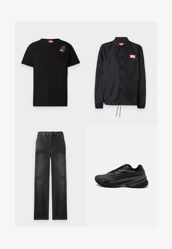 Melnā jaka no gludas, vieglas materiāla, ar pogu aizdari, elastīgām piedurknēm, sānu kabatām un sarkanu Diesel logo uzšuvumu.; Melna kokvilnas T-kreklu ar īsām piedurknēm, ar dekoratīvu zirneklīša dizainu kreisajā krūtī un sarkanu Diesel loga etalonu ap kaklu.; Melni taisni denim džinsi ar piecām kabatām, jostu cilpām un viegli izbalējušu audumu, kas piešķir struktūru.; Melnas skriešanas kurpes ar teksturētu virsu, kurai ir pelēkas svītras. Biezs zole nodrošina amortizāciju, apaļa purngalu un plakanas šņorītes, lai nodrošinātu drošu piegulšanu.