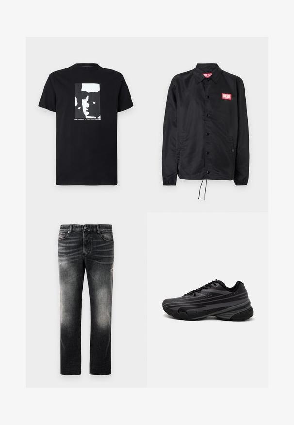 Must must, misasest kergest ja siledast materjalist, nupuvälinge, elastsete mansettide, küljetaskute ning punase Diesel logo plaastriga.; Must musta T-särk, millel on keskne valge ja halli tooni näo graafika ning allpool valgete tähtedega tekst. Klassikaline ümar kaelus.; Mustad mustast denimist valmistatud teksad, millel on kulunud viimistlus ja kulumine, tavaline viie tasku disain ning tõmblukuga sulgemine.; Mustad musta jooksujalats, mille tekstureeritud ülemine osa on hallide triipudega. Paks tallaga mugavuse tagamiseks, ümar varvas ja tasased paelad kindla istuvuse saavutamiseks.