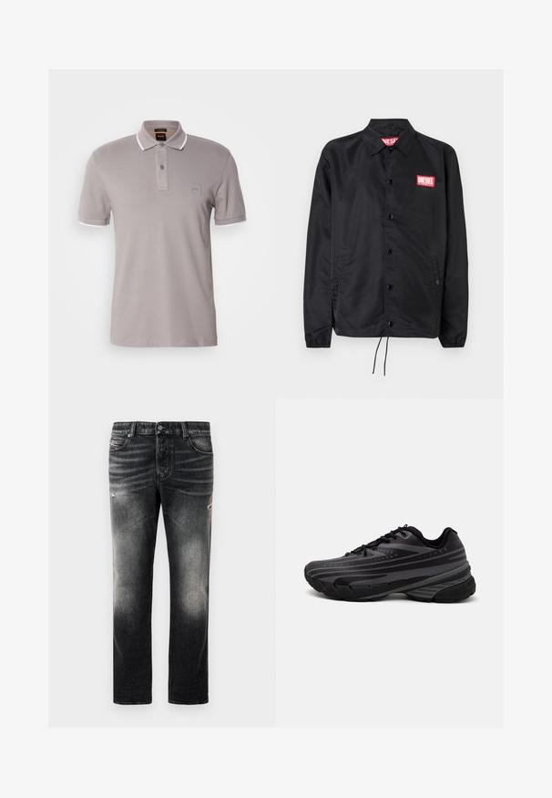 Black jacket made of smooth, lightweight material, featuring a button front, elastic cuffs, side pockets, and a red Diesel logo patch.; Grey polo shirt made of soft cotton, featuring a two-button placket, white collar accents, and a small logo patch on the chest.; Black jeans featuring a faded finish with distressed accents, standard five-pocket design, and a zip-fly closure. Made of denim fabric.; Black running shoe with a textured upper featuring gray stripes. Thick sole for cushioning, round toe, and flat laces for secure fit.