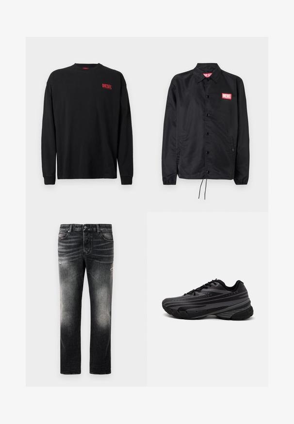 Juoda striukė, pagaminta iš lygaus, lengvo medžiagų, su mygtukų priekyje, elastinėmis rankovėmis, šoninėmis kišenėmis ir raudonu "Diesel" logotipo ženkleliu.; Juoda ilgomis rankovėmis medvilninė marškinėliai su apvalia iškirpte. Kairėje krūtinės pusėje yra mažas raudonas "DIESEL" logotipas. Įprasto silueto.; Juodi džinsai su išblukusiu pabaiga ir nusidėvėję akcentai, standartinis penkių kišenių dizainas ir užtrauktuko uždarymas. Pagaminti iš džinsinio audinio.; Juodas bėgimo batelis su tekstūruotu viršumi, kuriame yra pilkos juostos. Storas padas amortizacijai, apvalus pirštas ir plokščios raištelės tvirtam prigludimui.