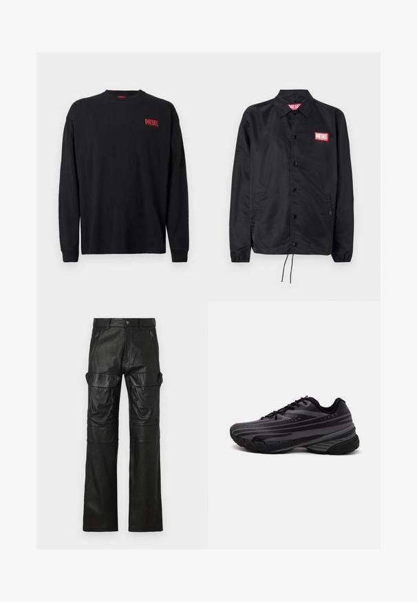 Czarna kurtka wykonana z gładkiego, lekkiego materiału, z przodem na guziki, elastycznymi mankietami, bocznymi kieszeniami i czerwoną naszywką z logo Diesel.; Czarna bawełniana koszulka z długim rękawem i okrągłym dekoltem. Posiada małe czerwone logo "DIESEL" na lewej stronie klatki piersiowej. Regularny krój.; Czarna skórzana spodnie o prostym kroju, z dwiema przednimi kieszeniami na zamek oraz dużymi kieszeniami bocznymi, które zapewniają dodatkową przestrzeń do przechowywania.; Czarna biegowa obuwie z teksturowaną cholewką z szarymi paskami. Gruba podeszwa dla amortyzacji, okrągły czubek i płaskie sznurowadła zapewniające pewne dopasowanie.