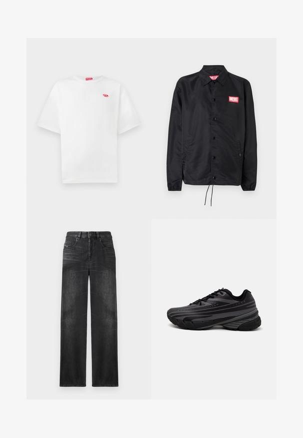Črna jakna iz gladkega, lahkega materiala, z gumbnim zapiranjem, elastičnimi manšetami, stranskimi žepi in rdečim logotipom Diesel.; Bela bombažna majica s kratkimi rokavi, okroglo ovratnikom in rdečo oznako "DIESEL". Ima majhen rdeč emblem na levem prsnem delu.; Črne ravne kavbojke iz denima, ki imajo pet žepov, pasne zanke in subtilno zbledelost na tkanini za teksturo.; Črne tekaške copate z teksturiranim zgornjim delom, ki ima sive črte. Debel podplat za blaženje udarcev, okrogla konica in ravne vezalke za varen oprijem.