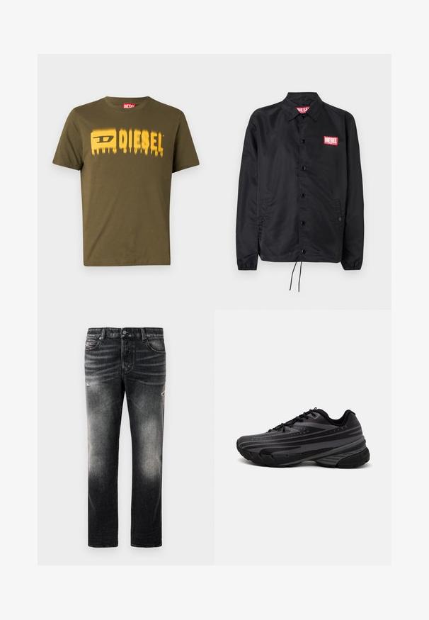 Jaqueta preta feita de material suave e leve, com fecho de botão na frente, punhos elásticos, bolsos laterais e um patch do logótipo vermelho da Diesel.; T-shirt de algodão verde oliva com um logotipo "DIESEL" amarelo desbotado atravessando o peito. Gola redonda e mangas curtas.; Calças jeans pretas com acabamento desbotado e detalhes desgastados, design padrão de cinco bolsos e fecho com zip. Feitas de tecido denim.; Shoe de corrida preta com um cabedal texturizado apresentando riscas cinzentas. Sola grossa para amortecimento, bico redondo e atacadores planos para um ajuste seguro.