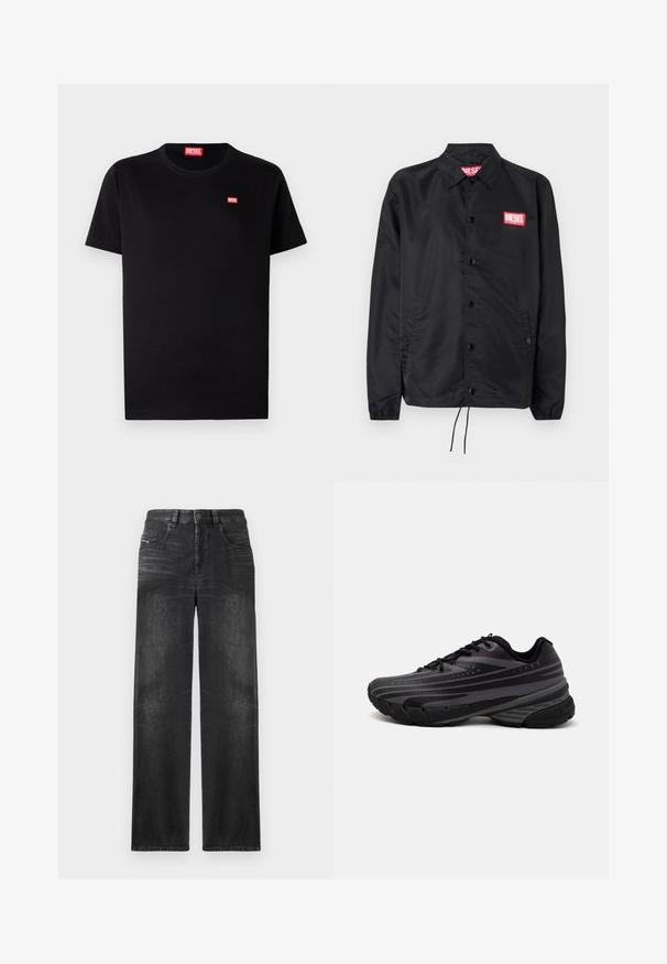 Jaqueta preta feita de material suave e leve, com fecho de botão na frente, punhos elásticos, bolsos laterais e um patch do logótipo vermelho da Diesel.; T-shirt de algodão preta com decote redondo e mangas curtas. Apresenta um pequeno logotipo vermelho da Diesel no peito. Design simples e clássico.; Calças de ganga de perna reta pretas, com cinco bolsos, passadores de cinto e um leve desbotado no tecido para textura.; Shoe de corrida preta com um cabedal texturizado apresentando riscas cinzentas. Sola grossa para amortecimento, bico redondo e atacadores planos para um ajuste seguro.