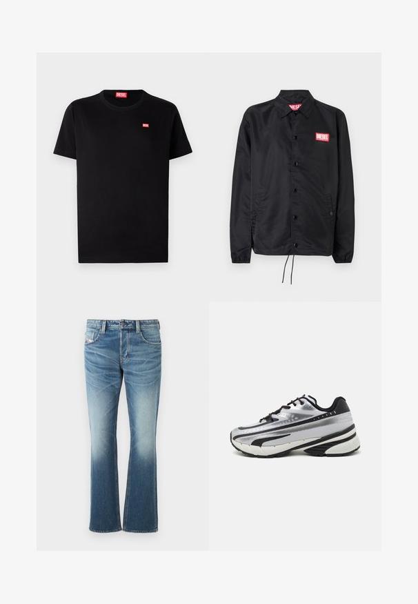 Fekete dzseki sima, könnyű anyagból, gombos elülső résszel, rugalmas mandzsettákkal, oldalsó zsebekkel és egy piros Diesel logós folttal.; Fekete pamut póló kerek nyakkivágással és rövid ujjakkal. A mellkasán egy kis piros Diesel logó található. Egyszerű, klasszikus dizájn.; Kék farmernadrág, csengettyűs fazonban, elhasználódott mosással, öt zsebbel és kontrasztos varrással. Gombos záródás deréknál.; Futócipő ezüst hálós felsőrésszel, fekete részletekkel és fehér talppal. Texturált mintázattal és fekete fűzővel rendelkezik. Könnyű és párnázott.