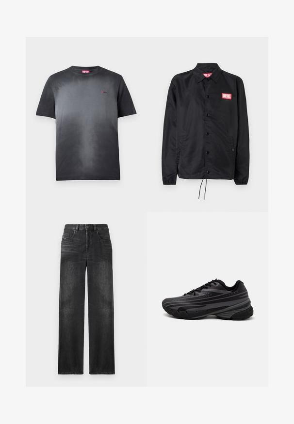 Jaqueta preta feita de material suave e leve, com fecho de botão na frente, punhos elásticos, bolsos laterais e um patch do logótipo vermelho da Diesel.; T-shirt de algodão em gradiente preto com mangas curtas. Possui um logo vermelho no peito esquerdo e um decote redondo. Textura suave.; Calças de ganga de perna reta pretas, com cinco bolsos, passadores de cinto e um leve desbotado no tecido para textura.; Shoe de corrida preta com um cabedal texturizado apresentando riscas cinzentas. Sola grossa para amortecimento, bico redondo e atacadores planos para um ajuste seguro.