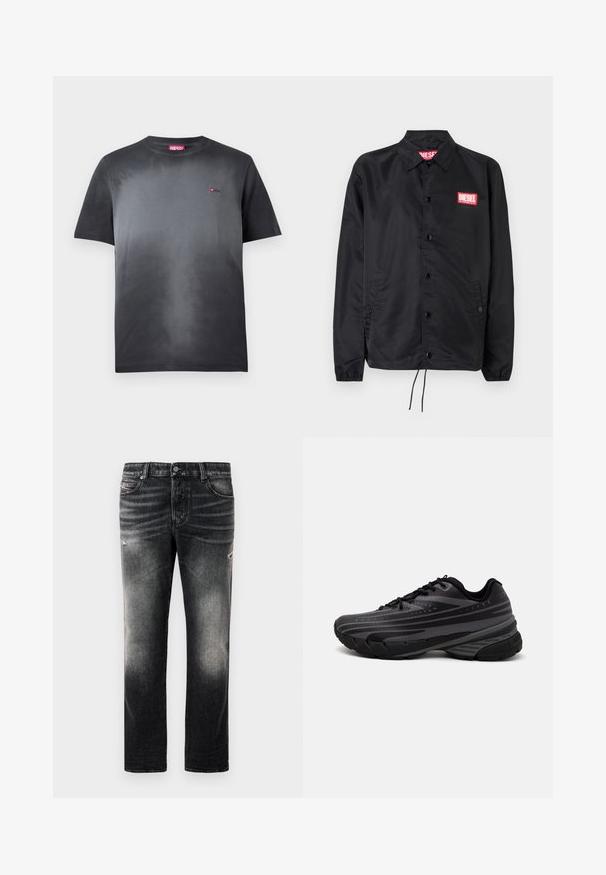 Jaqueta preta feita de material suave e leve, com fecho de botão na frente, punhos elásticos, bolsos laterais e um patch do logótipo vermelho da Diesel.; T-shirt de algodão em gradiente preto com mangas curtas. Possui um logo vermelho no peito esquerdo e um decote redondo. Textura suave.; Calças jeans pretas com acabamento desbotado e detalhes desgastados, design padrão de cinco bolsos e fecho com zip. Feitas de tecido denim.; Shoe de corrida preta com um cabedal texturizado apresentando riscas cinzentas. Sola grossa para amortecimento, bico redondo e atacadores planos para um ajuste seguro.
