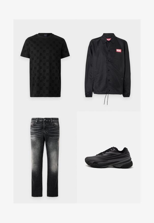 Zwarte jack van soepel, lichtgewicht materiaal, met een knoopsluiting, elastische manchetten, zijzakken en een rood Diesel logo patch.; Zwarte T-shirt met een gestructureerd patroon van cirkels en bloemvormen, korte mouwen en een ronde hals. Gemaakt van zacht katoen.; Zwarte jeans met een vervaagde afwerking en versleten accenten, standaard vijf-pocket ontwerp en een ritssluiting. Gemaakt van denimstof.; Zwarte hardloopschoen met een gestructureerde bovenkant met grijze strepen. Dikke zool voor demping, ronde neus en platte veters voor een veilige pasvorm.