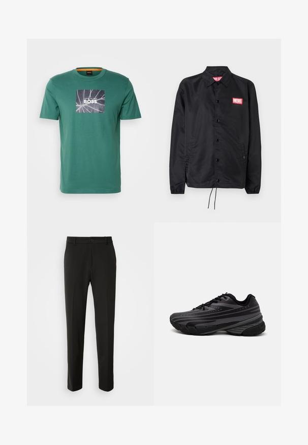 Musta takki, joka on valmistettu sileästä, kevyestä materiaalista. Takissa on nappiaukko, joustavat hihansuut, sivutaskut ja punainen Diesel-logo-patch.; BOSS Printtipaita - open green; Mustat housut, jotka on valmistettu sileästä kankaasta, suoriin lahkeisiin, nappikiinnitykseen ja klassiseen muotoiluun, sopivat muodollisiin tai vapaa-ajan asuihin.; Mustat juoksukengät, joissa on tekstuuri päällä ja harmaat raidat. Paksu pohja pehmustetta varten, pyöreä varvasosa ja tasaiset nauhat turvallista istuvuutta varten.