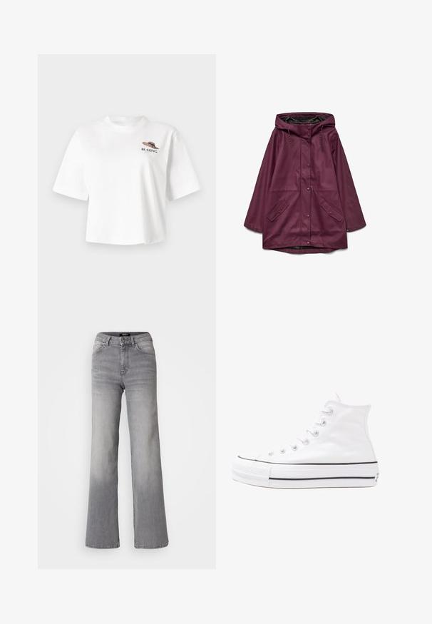 Burgunderfarget vanntett parka med hette, med trykknapplukking og to frontlommer; laget av glatt, slitesterkt materiale.; Hvit t-skjorte med kort erme som har et graphic av en hatt med ordet "BLAZING" i svart og grønn broderi på brystet.; Høyt liv, rette ben grå denimbukser med frontknapp og glidelås, front- og baklommer, samt falmet skygge på lår og legger.; Hvit høy-skinn kanvas sneakers med svart gummisåle, gummitåhette foran og seks hull for snorer, med et rent, minimalistisk design.