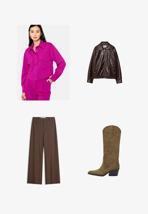 Dark brown faux leather jacket with front zipper, collar, two diagonal pockets, and elasticized hem on white background.; Cropped fuchsia jacket with long sleeves, button closure, two chest pockets, and tailored fit. Smooth texture with subtle stitching details.; Brown wide-leg trousers with a smooth texture, front pleats, a button closure, and two side pockets. Designed for comfort and versatility.; Mid-calf brown suede cowboy boot with stitched swirl patterns, pointed toe, pull tab, and angled black stacked heel.