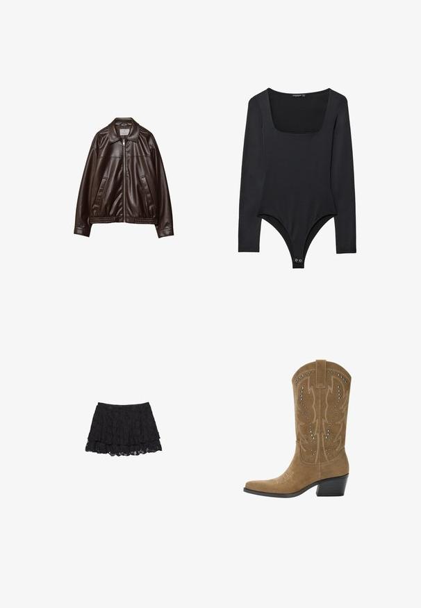 Tmavohnedá umelá kožená bunda s predným zipsom, golierom, dvomi diagonálnymi vreckami a elastickým lemom na bielom pozadí.; Čierny body s dlhým rukávom a štvorcovým výstrihom, so zapínaním na cvočky v oblasti rozkroku, rozložený na bielom pozadí.; Čierna sukňa z čipky s vrstveným dizajnom, ktorá má textúrovaný povrch a zvlnený lem. Elastický pás pre pohodlné nosenie.; PULL&BEAR Kovbojské/motorkárske čižmy - beige
