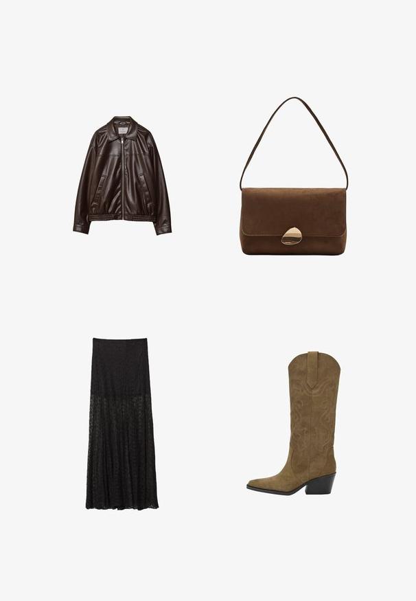 Tamno smeđa jakna od umjetne kože s prednjim zatvaračem, ovratnikom, dva dijagonalna džepa i elastičnom donjom rubom na bijeloj pozadini.; Crna bodi s dugim rukavima, kvadratnim izrezom i dugmadi na preponama, položen na bijeloj pozadini.; Crna čipkasta maksi suknja s višeslojnim dizajnom, teksturiranim uzorkom i lepršavim siluetom. Elastična utezna traka za prilagodljivo pristajanje.; Kaožna cowboy čizma smeđe boje do sredine lista, s izvezenim uzorcima spirala, šiljastim prstom, trakom za povlačenje i nagibom crnog složenog potplata.; Smeđa antilop torba preko ramena s zakrivljenim zlatnim kopčom i jednom trakom, pravokutnog oblika s preklopom.