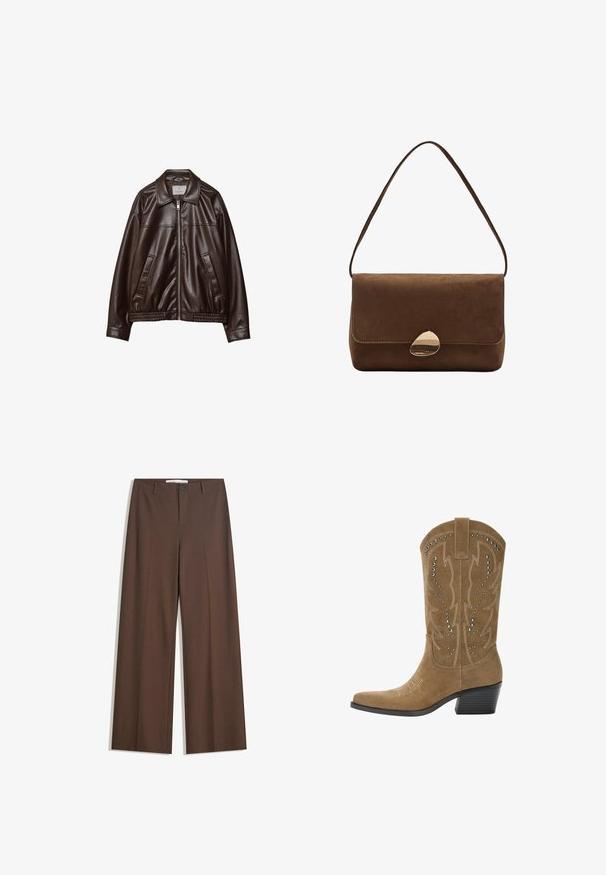 Tmavohnedá umelá kožená bunda s predným zipsom, golierom, dvomi diagonálnymi vreckami a elastickým lemom na bielom pozadí.; Čierny body s dlhým rukávom a štvorcovým výstrihom, so zapínaním na cvočky v oblasti rozkroku, rozložený na bielom pozadí.; Hnedé široké nohavice s hladkým povrchom, prednými záhybmi, gombíkovým zapínaním a dvoma bočnými vreckami. Navrhnuté pre pohodlie a všestrannosť.; PULL&BEAR Kovbojské/motorkárske čižmy - beige; Hnedá semišová taška cez rameno s zakriveným zlatým sponou a jedným popruhom, obdĺžnikový tvar s klopou.