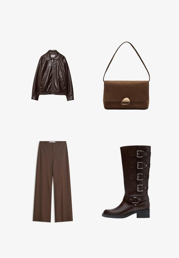 Temno rjava jakna iz umetnega usnja z zadrgo spredaj, ovratnikom, dvema diagonalnima žepoma in elastičnim robom na belem ozadju.; Črni bodysuit z dolgimi rokavi in kvadratnim izrezom s pritisnimi zapirali na mednožju, razporejen na beli podlagi.; Rjave hlače širokega kroja z gladko teksturo, sprednjimi gubami, gumbom za zapiranje in dvema stranskima žepoma. Oblikovano za udobje in vsestranskost.; Temno rjave usnjene škornje do kolen z zaobljenim nosom, štirimi nastavljivimi sponkami in blokastim peto, ki se ponašajo z gladkimi in teksturiranimi površinami.; Rjava semiš torba za ramo z ukrivljenim zlatim zapiranjem in enim trakom, pravokotne oblike z poklopcem.