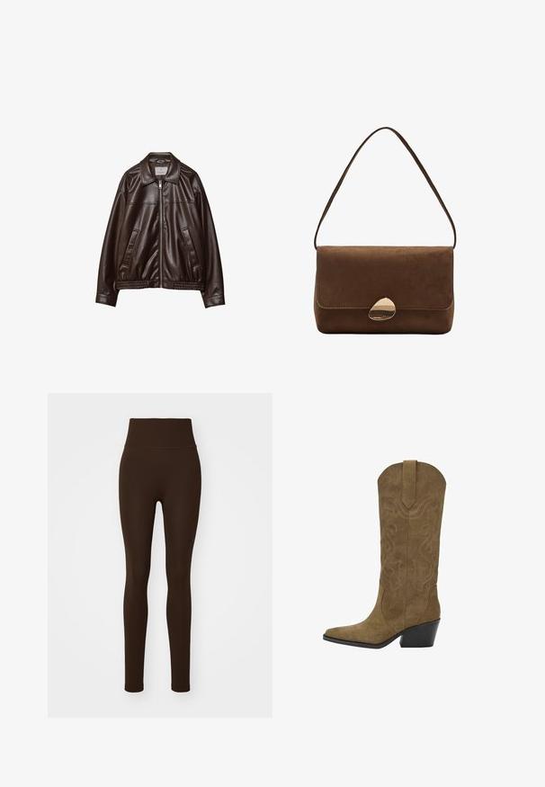 Dunkelbraune Kunstlederjacke mit Frontreißverschluss, Kragen, zwei diagonalen Taschen und elastischem Saum auf weißem Hintergrund.; Schwarzer Langarm-Body mit quadratischem Ausschnitt und Druckknöpfen im Schritt, flach auf einem weißen Hintergrund liegend.; Puma SHAPELUXE SEAMLESS - Tights - espresso brown; Mittelhohe braune Wildleder-Cowboystiefel mit gestickten Wirbelmustern, spitz zulaufender Zehenpartie, Zugschlaufe und angespitztem, schwarzem Blockabsatz.; Braune Wildleder-Umhängetasche mit geschwungenem goldenen Verschluss und einseitigem Tragegurt, rechteckige Form mit Klappenverschluss.