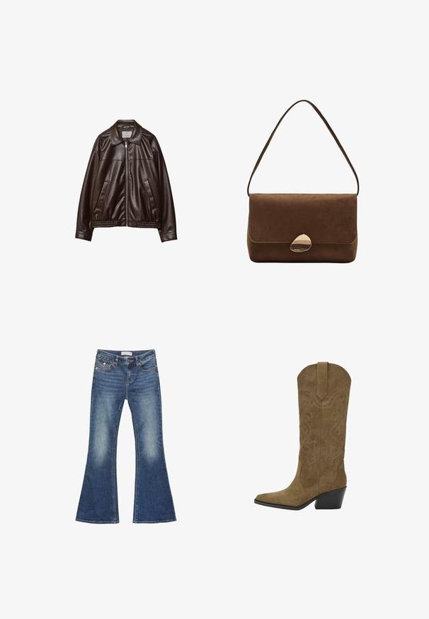 Tummanruskea tekonahkajaakki, jossa on edessä vetoketju, kaulus, kaksi vinottain olevaa taskua ja elastinen helma valkoista taustaa vasten.; Mustat pitkähihaiset bodysuitit, joissa on nelikulmainen pääntie ja napit alushousuissa, asetettu tasaiseksi valkoista taustaa vasten.; Farkkujen leveälahkeet keskipäivän sinisessä, jossa on kulumisen yksityiskohtia. Ominaisuuksiin kuuluu klassinen viisi taskua -design ja kontrastivärinen ompelu nappisuljennalla.; Keskikorkuiset ruskeat mokkabootsit, joissa on brodeeratut kiehkuroita, terävä kärki, vetotanko ja vinossa mustassa pinojalassa.; Ruskea mokkanahkainen olkalaukku, jossa on kaareva kultainen solki ja yksittäinen hihna, suorakulmainen muoto, jossa on läppäkiinnitys.