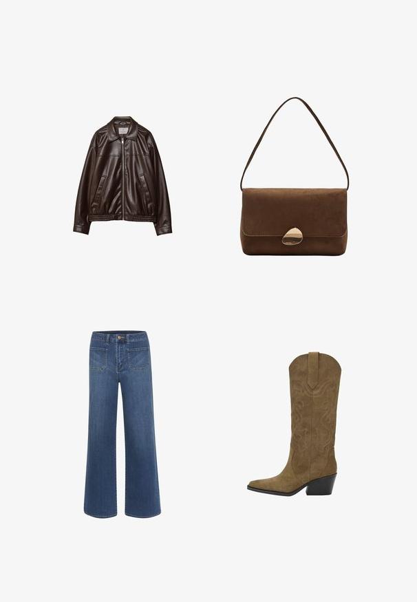 Tummanruskea tekonahkajaakki, jossa on edessä vetoketju, kaulus, kaksi vinottain olevaa taskua ja elastinen helma valkoista taustaa vasten.; Mustat pitkähihaiset bodysuitit, joissa on nelikulmainen pääntie ja napit alushousuissa, asetettu tasaiseksi valkoista taustaa vasten.; Tummansinisen denimin leveälahkeiset farkut, joissa on sileä pinta, napillinen kiinnitys, viisi taskua ja kontrastisomisteiset saumat.; Keskikorkuiset ruskeat mokkabootsit, joissa on brodeeratut kiehkuroita, terävä kärki, vetotanko ja vinossa mustassa pinojalassa.; Ruskea mokkanahkainen olkalaukku, jossa on kaareva kultainen solki ja yksittäinen hihna, suorakulmainen muoto, jossa on läppäkiinnitys.