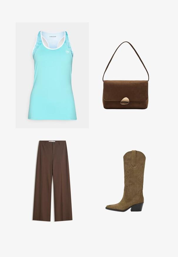 Tamno smeđa jakna od umjetne kože s prednjim zatvaračem, ovratnikom, dva dijagonalna džepa i elastičnom donjom rubom na bijeloj pozadini.; Tirkizna sportska majica bez rukava s dizajnom za trkače leđa, bijelom bordurom i uzorkom na ramenima za poboljšanu prozračnost.; Smeđe široke hlače s glatkom teksturom, prednjim nabranim detaljima, zatvaranjem na dugme i dva bočna džepa. Dizajnirane za udobnost i svestranost.; Kaožna cowboy čizma smeđe boje do sredine lista, s izvezenim uzorcima spirala, šiljastim prstom, trakom za povlačenje i nagibom crnog složenog potplata.; Smeđa antilop torba preko ramena s zakrivljenim zlatnim kopčom i jednom trakom, pravokutnog oblika s preklopom.