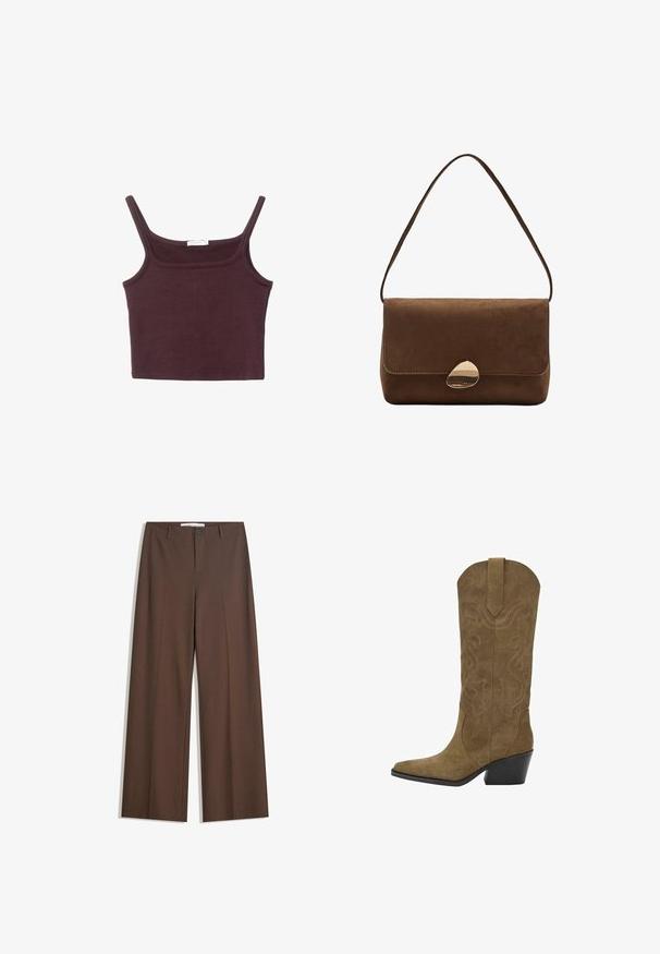 Dunkelbraune Kunstlederjacke mit Frontreißverschluss, Kragen, zwei diagonalen Taschen und elastischem Saum auf weißem Hintergrund.; Burgunderfarbenes, eng anliegendes Tanktop mit dünnen Trägern, einem quadratischen Ausschnitt und weichem Baumwollstoff. Verfügt über ein nahtloses Design und minimale Details.; Braune weite Hosen mit einer glatten Textur, vorderen Falten, einem Knopfverschluss und zwei seitlichen Taschen. Designed für Komfort und Vielseitigkeit.; Mittelhohe braune Wildleder-Cowboystiefel mit gestickten Wirbelmustern, spitz zulaufender Zehenpartie, Zugschlaufe und angespitztem, schwarzem Blockabsatz.; Braune Wildleder-Umhängetasche mit geschwungenem goldenen Verschluss und einseitigem Tragegurt, rechteckige Form mit Klappenverschluss.