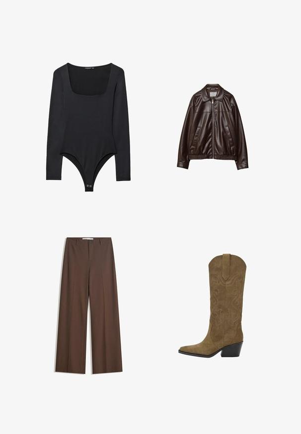 Donkerbruine neplederen jas met voorkleur, kraag, twee diagonale zakken en elastische zoom op een witte achtergrond.; Zwarte langmouwen bodysuit met vierkante halslijn en drukknoopsluiting bij het kruis, plat gelegd op een witte achtergrond.; Bruine wijde broek met een gladde textuur, plooi aan de voorkant, knoopsluiting en twee zijzakken. Ontworpen voor comfort en veelzijdigheid.; Bruine suede cowboylaars tot halverwege de kuit met gestikte spiraalpatronen, puntige teen, een trekriem en een schuin gestapelde zwarte hak.