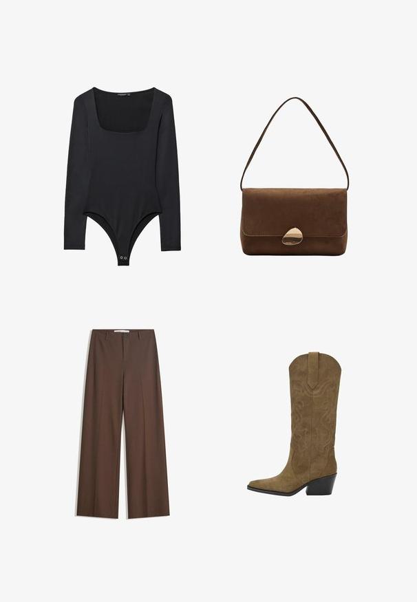 Tamno smeđa jakna od umjetne kože s prednjim zatvaračem, ovratnikom, dva dijagonalna džepa i elastičnom donjom rubom na bijeloj pozadini.; Crna bodi s dugim rukavima, kvadratnim izrezom i dugmadi na preponama, položen na bijeloj pozadini.; Smeđe široke hlače s glatkom teksturom, prednjim nabranim detaljima, zatvaranjem na dugme i dva bočna džepa. Dizajnirane za udobnost i svestranost.; Kaožna cowboy čizma smeđe boje do sredine lista, s izvezenim uzorcima spirala, šiljastim prstom, trakom za povlačenje i nagibom crnog složenog potplata.; Smeđa antilop torba preko ramena s zakrivljenim zlatnim kopčom i jednom trakom, pravokutnog oblika s preklopom.