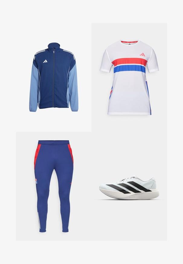 adidas Performance FUSSBALL - TEAMSPORT TIRO 25 COMPETITION - Giacca sportiva - blaublau; Maglietta sportiva bianca con strisce orizzontali rosse e blu, realizzata in tessuto traspirante, con maniche corte e design a girocollo.; Pantaloni sportivi blu navy con pannelli laterali rossi, un logo sulla coscia e strisce bianche alla caviglia. Realizzati in un tessuto elastico e liscio.; Scarpe da corsa leggere di colore azzurro pallido con strisce nere. Presentano una tomaia liscia, punta rotonda e un'ampia intersuola bianca etichettata "LIGHTSTRIKE PRO."