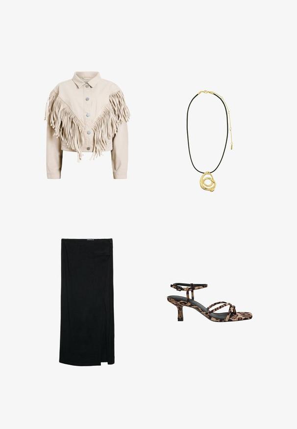 Beige denimjakke med lange frynser over skuldre og foran, med sølvfarvede metal knapper og en kort pasform.; Rød halterneck crop top med V-halsudskæring og samling ved brystet. Fremstillet af glat stof, den tætsiddende design fremhæver taljen.; Sort, knælang nederdel med en sideslids, lavet af et let stof med en glat tekstur og et simpelt design. Lynlås lukning i taljen.; Sandaler med hæl i leopardmønster og firkantet tå, med flere stropper og en mellemhøj hæl. Fremstillet af blødt tekstilmateriale.; Pilgrim UNFOLD - Halskæder - gold
