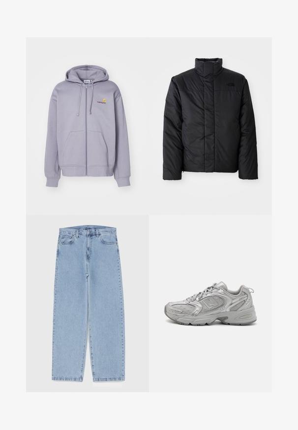 Juodas izoliuotas švarkas su aukštu apykakle, su užtrauktuku priekyje ir logotipu kairėje krūtinės pusėje. Medžiaga atrodo lygi ir pūsta.; Šviesiai purpurinė zip-up gobtuvė pagaminta iš minkštos medžiagos, su priekyje esančia kišenė, reguliuojamu gobtuvu ir siuvinėtą logotipu ant krūtinės.; Balta medvilnės marškinėliai su trumpomis rankovėmis, apvalia iškirpte, kuriuose kairėje krūtinės pusėje yra mažas auksinis logotipas. Minkšta tekstūra ir reguliari forma.; Šviesiai mėlyni džinsai su tiesiomis kojomis, turintys vidutinio aukščio juosmenį, penkias kišenes ir mygtuko bei užtrauktuko uždarymą.; Sidabriniai sportiniai bateliai su šiuolaikiniu dizainu, tinklelio panelėmis, paminkštinta liežuvėliu, tekstūruotu sintetiniu viršumi ir guminiais padu, užtikrinančiais sukibimą.