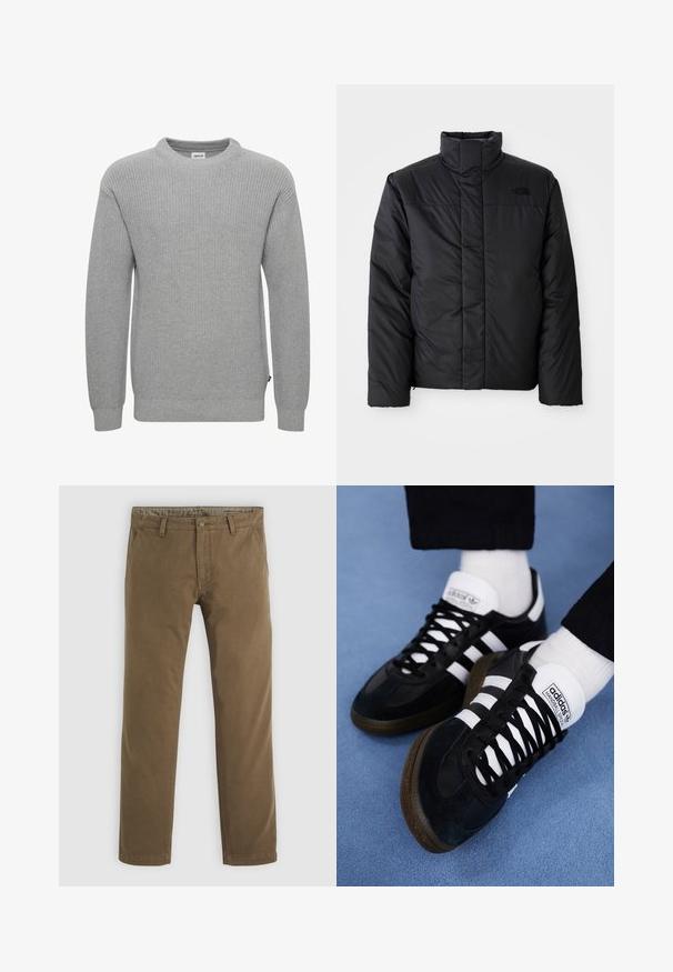 Schwarze isolierte Jacke mit hohem Kragen, ausgestattet mit einem durchgehenden Reißverschluss und einem Logo auf der linken Brust. Das Material wirkt glatt und plüschig.; Grauer gestrickter Pullover mit Rundhalsausschnitt, langen Ärmeln, gerippten Bündchen und Saum. Die Stoffstruktur ist grob und texturiert. Kleines Etikett an der Seite.; Khakifarbene Baumwollhose mit geradem Bein, ausgestattet mit einem Knopfverschluss, zwei vorderen Taschen und einer glatten Textur.; Schwarze Wildledersneaker mit weißen Schnürsenkeln und drei weißen Streifen. Verfügt über eine strukturierte Sohle und eine Markenkennzeichnung auf der Zunge.