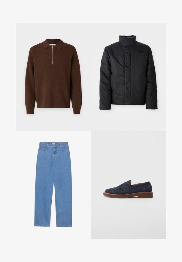 Melna izolēta jaka ar augstu apkakli, ar rāvējslēdzēja priekšpusi un logo kreisajā krūtī. Materiāls izskatās gluds un pūkains.; Brūns ribots džemperis ar šauru rāvējslēdzēju pie apkakles. Garas piedurknes un faktūrēts pārklājuma materiāls.; Gai zili džinsi ar taisnu piegriezumu, piecu kabatu dizainu, vienu pogu aizdari un diskrētu šuvju detaļu.; Tumši zili zamšādas loaferi ar brūnu zoli un zemu papēdi, ar klasisku pensijas jostu dizainu.