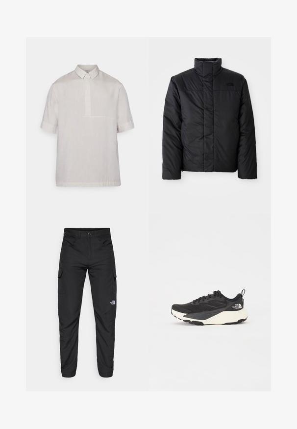 Zwarte geïsoleerde jas met hoge kraag, voorzien van een ritssluiting aan de voorkant en een logo op de linkerborst. Het materiaal lijkt glad en luchtig.; Korte mouwen overhemd met kraag in lichtbeige linnen. Heeft een halflange knoopsluiting en een subtiele textuur. Schoon, minimalistisch ontwerp.; Zwarte longsleeve t-shirt van katoen, met een wit logo op de linkerkant van de borst en geribbelde manchetten. Soepele textuur met een ronde hals.; The North Face HORIZON PANT - Outdoorbroeken - black; Zwarte sportieve schoen met een gestructureerde mesh bovenkant, solide zwarte accenten en een lichte witte buitenzool. Voorzien van vetersluiting en een treklus.
