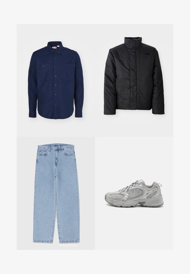Chaqueta negra aislante con cuello alto, que cuenta con un cierre frontal y un logo en el lado izquierdo del pecho. El material parece suave y esponjoso.; Camisa de botones azul marino de algodón, con cuello puntiagudo, mangas largas, dos bolsillos en el pecho y dobladillo recto.; Jean de mezclilla azul claro con diseño de pierna recta, con una cintura de altura media, cinco bolsillos y un cierre de botón y cremallera.; Zapatilla deportiva plateada con un diseño elegante, paneles de malla, lengüeta acolchada, parte superior sintética texturizada y suela de goma para tracción.