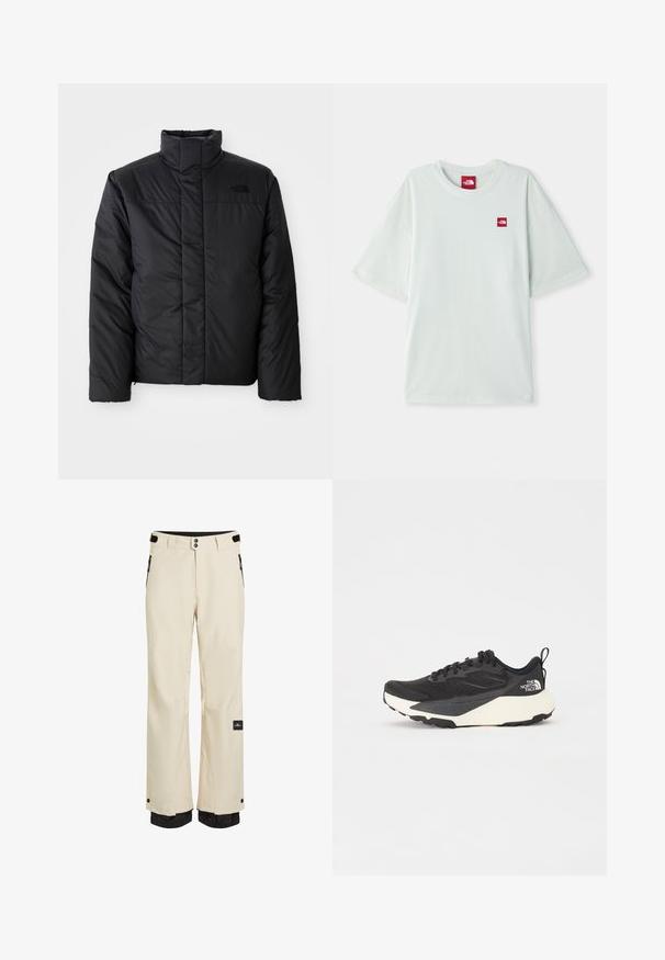 Zwarte geïsoleerde jas met hoge kraag, voorzien van een ritssluiting aan de voorkant en een logo op de linkerborst. Het materiaal lijkt glad en luchtig.; Lichtgroene T-shirt met korte mouwen van zachte katoen, voorzien van een klein rood logo label op de linker borst. Ontspannen pasvorm en ronde halslijn.; Beige sneeuwbroek met zwarte accenten, gewone pasvorm, waterdicht materiaal, verstelbare taille, ritszakken en elastische manchetten bij de enkels.; Zwarte sportieve schoen met een gestructureerde mesh bovenkant, solide zwarte accenten en een lichte witte buitenzool. Voorzien van vetersluiting en een treklus.