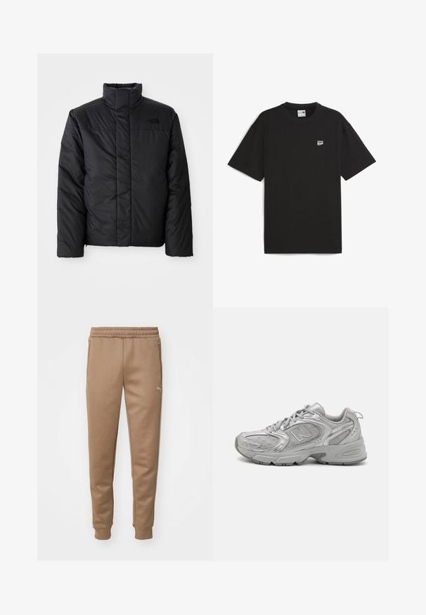 Čierna zateplená bunda s vysokým golierom, s predným zipsom a logom na ľavom hrudníku. Materiál sa zdá byť hladký a nadýchaný.; Čierne tričko s krátkym rukávom vyrobené z bavlny, s okrúhlym výstrihom a malým bielym logom na hrudi. Jednoduchý, voľný strih.; Hnedé tepláky s elastickým pásom, bočnými vreckami a rebrovanými manžetami. Mäkkučká tkanina s jemným detailom loga na hornej časti nohy.; Strieborná športová obuv so štíhlym dizajnom, sieťovanými panelmi, polstrovaným jazykom, textúrovaným syntetickým zvrškom a gumovou podrážkou pre trakciu.