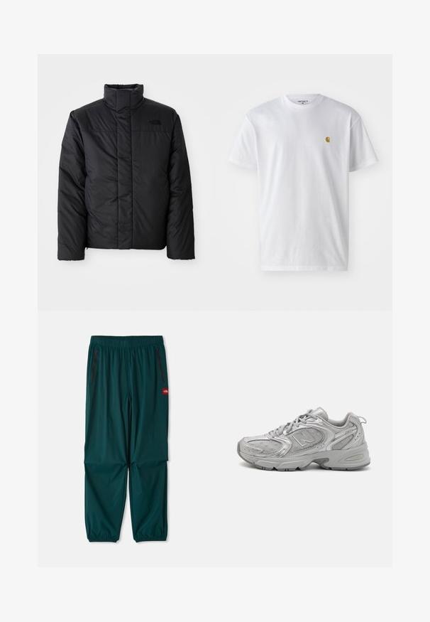 Čierna zateplená bunda s vysokým golierom, s predným zipsom a logom na ľavom hrudníku. Materiál sa zdá byť hladký a nadýchaný.; Biele bavlnené tričko s krátkymi rukávmi, okrúhlym výstrihom, s malým zlatým logom na ľavej strane hrude. Mäkká textúra a normálny strih.; Vonkajšie nohavice v tmavo tyrkysovej farbe, s elastickým pásom, dvoma zipsovými vreckami na strane a elastickými manžetami na členkoch. Ľahký materiál.; Strieborná športová obuv so štíhlym dizajnom, sieťovanými panelmi, polstrovaným jazykom, textúrovaným syntetickým zvrškom a gumovou podrážkou pre trakciu.