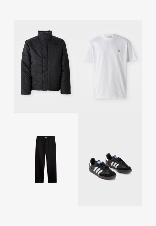 Zwarte geïsoleerde jas met hoge kraag, voorzien van een ritssluiting aan de voorkant en een logo op de linkerborst. Het materiaal lijkt glad en luchtig.; Witte katoenen t-shirt met korte mouwen en ronde hals, voorzien van een klein gouden logo op de linkerkant van de borst. Zachte textuur en een normale pasvorm.; Zwarte katoenen broeken met een rechte pasvorm, ritssluiting en voorzakken. Gladde textuur, geen zichtbare patronen en minimale hardware.; Zwarte sneakers met een bovenwerk van suède en synthetisch materiaal, voorzien van drie witte strepen, een gestructureerde rubberen zool en een blauw logo-label op de tong.