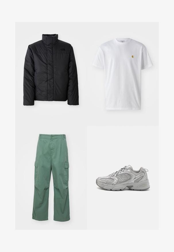 Svart isolerad jacka med hög krage, med en dragkedja framtill och en logotyp på vänster bröst. Materialet verkar slätt och fluffigt.; Vit bomullströja med korta ärmar, rund halsringning, med en liten guldlogotyp på vänster bröstområde. Mjuk textur och vanlig passform.; Gröna cargobyxor i bomull med lös passform, vida ben och sidofickor. Tyget har en slät yta utan mönster.; Silver atletisk sko med en slank design, nätpaneler, vadderad tunga, texturerat syntetiskt övre och gummisulor för grepp.