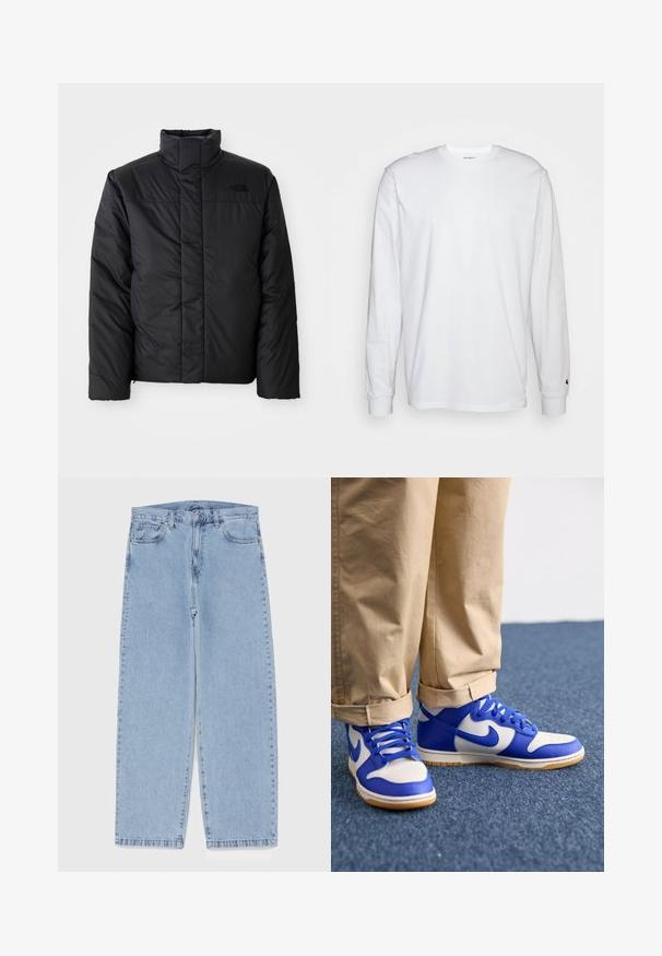 Svart isolert jakke med høy krage, med glidelås foran og en logo på venstre bryst. Materialet ser glatt og puffy ut.; Hvit langermet T-skjorte laget av bomull. Rund hals-design med ribbestrikkede mansjetter og en liten logo på venstre erme. Glatt tekstur.; Lyseblå denimjeans med rett ben-design, med mid-rise liv, fem lommer og knap og lynlås lukning.; Nike Sportswear DUNK RETRO SE - Høye joggesko - phantom/racer blue/pale ivory/gum yellow/obsidian