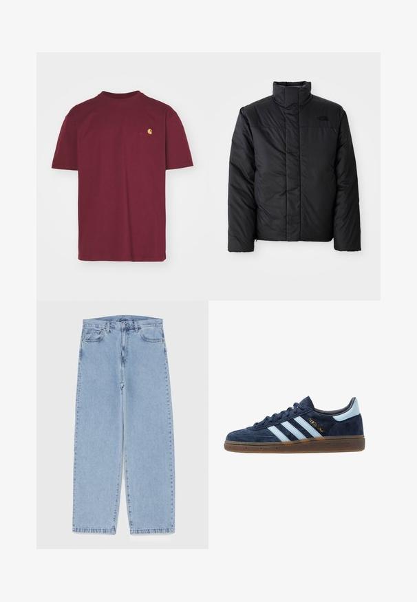 Schwarze isolierte Jacke mit hohem Kragen, ausgestattet mit einem durchgehenden Reißverschluss und einem Logo auf der linken Brust. Das Material wirkt glatt und plüschig.; Carhartt WIP AMERICAN SCRIPT - T-Shirt basic - malbec; Hellblaue Jeans aus Denim mit geradem Bein, ausgestattet mit einer mittelhohen Taille, fünf Taschen sowie einem Knopf- und Reißverschluss.; Marineblaue Wildleder Adidas Sneaker mit hellblauen Streifen, Gummisohle, hellblauer Fersenkappe und goldener "Spezial"-Markierung an der Seite.