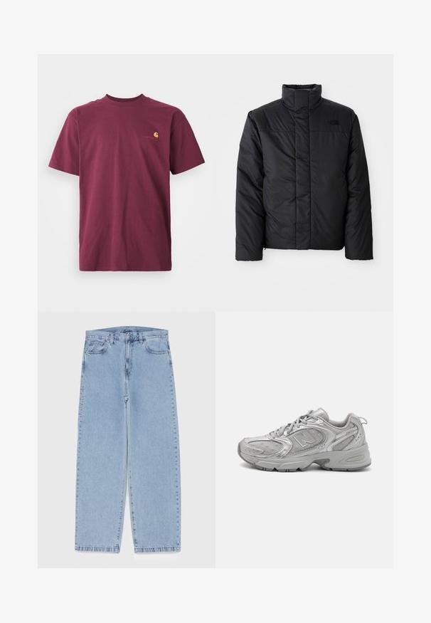 Must suuretusega must isoleeritud jakk kõrge kraega, millel on lukuga esiosa ja logo vasakul rinnal. Materjal näeb välja sile ja turske.; Burgundi värvi puuvillane t-särk lühikeste varrukatega ja ümmarguse kaelusega. Rinnaosas on kuldne brodeeritud logo. Üksikasjalik disain.; Heled sinise denimi sirgete põlvede lõikega teksad, millel on keskmise kõrgusega vöökoht, viis taskut ning nööbid ja tõmblukk.; Hõbedane sportlik jalanõud, millel on stiilne disain, võrkpaneelid, pehmendatud keel, tekstureeritud sünteetiline pealmine osa ja kummist välistald haardumise tagamiseks.