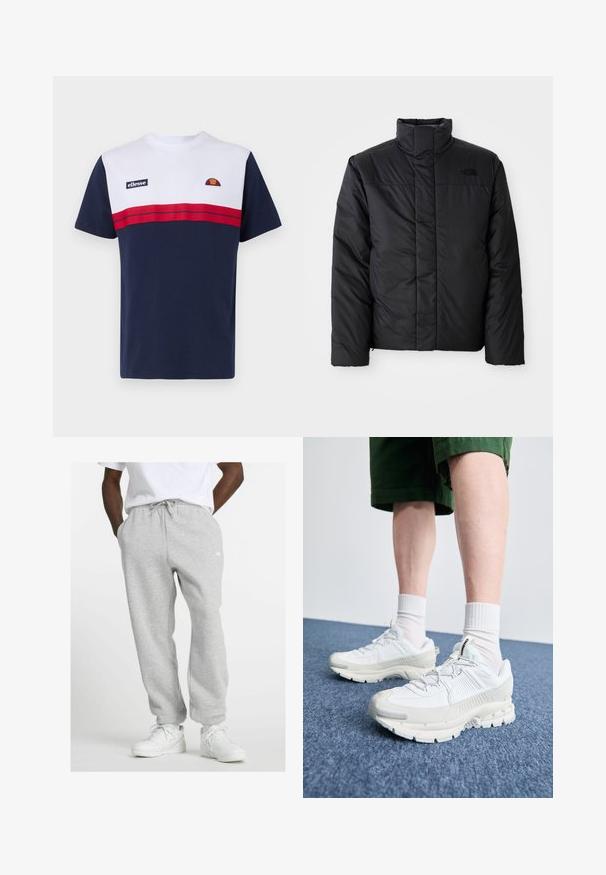 Melna izolēta jaka ar augstu apkakli, ar rāvējslēdzēja priekšpusi un logo kreisajā krūtī. Materiāls izskatās gluds un pūkains.; Vīriešu T-krekls tumši zils ar baltu augšējo paneli, kuram ir sarkanas horizontālas svītras, logotipa uzlīme un klasiskā apaļā kakla izgriezums. Mīksts kokvilnas maisījums.; Vīrietis, tērpies gaiši pelēkās sporta biksēs ar auklu un baltām kedām, stāv ar rokām kabatās uz baltā fona.; Baltas sporta apavi ar teksturētām detaļām, masīvu zoli un pelēkiem akcentiem. Valkāti ar baltiem zeķu pēdu apģērbiem un zaļām šortiem uz zilas virsmas.