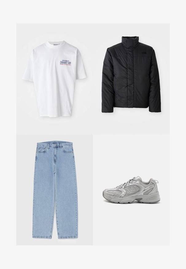 Must suuretusega must isoleeritud jakk kõrge kraega, millel on lukuga esiosa ja logo vasakul rinnal. Materjal näeb välja sile ja turske.; Valge puuvillane T-särk lühikeste varrukatega, ümmarguse kaelusega, mille esiosal vasakus alanurgas on sinine ja punane trükitud logo.; Heled sinise denimi sirgete põlvede lõikega teksad, millel on keskmise kõrgusega vöökoht, viis taskut ning nööbid ja tõmblukk.; Hõbedane sportlik jalanõud, millel on stiilne disain, võrkpaneelid, pehmendatud keel, tekstureeritud sünteetiline pealmine osa ja kummist välistald haardumise tagamiseks.