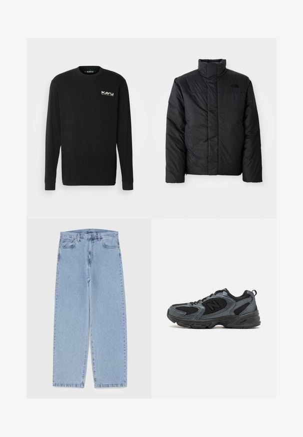 Schwarze isolierte Jacke mit hohem Kragen, ausgestattet mit einem durchgehenden Reißverschluss und einem Logo auf der linken Brust. Das Material wirkt glatt und plüschig.; KAVU ETCH ART - Langarmshirt - black; Hellblaue Jeans aus Denim mit geradem Bein, ausgestattet mit einer mittelhohen Taille, fünf Taschen sowie einem Knopf- und Reißverschluss.; Schwarz und graue Sportschuhe mit einem strukturierten Mesh-Obermaterial, Gummisohle und unterstützendem Design. Verfügt über ein Logo und ein Schnürsystem.