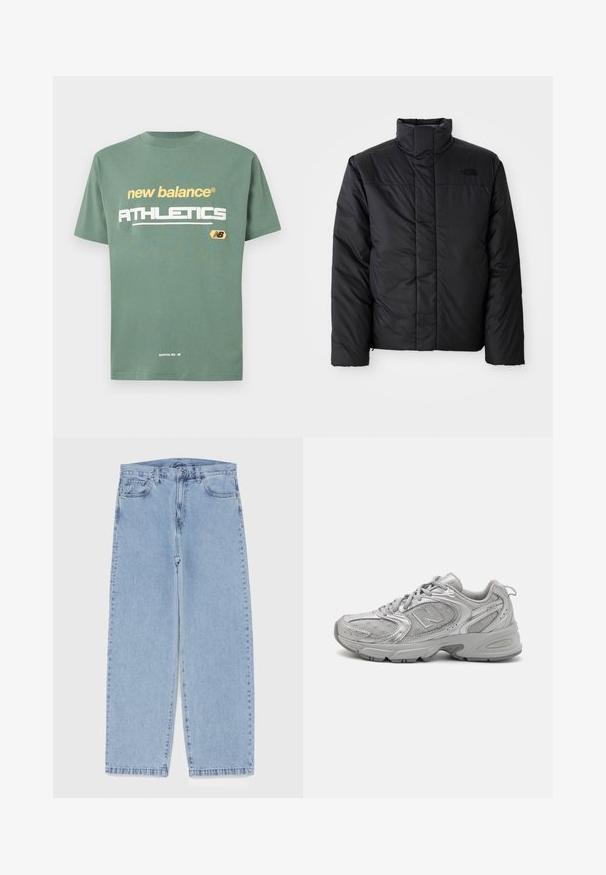 Melna izolēta jaka ar augstu apkakli, ar rāvējslēdzēja priekšpusi un logo kreisajā krūtī. Materiāls izskatās gluds un pūkains.; Zaļš kokvilnas T-krekliņš ar uzrakstiem "new balance" un "ATHLETICS", kas izdrukāti dzeltenā un baltā krāsā, ar mazu zīmolu uz krūšu daļas. Vienkāršs dizains.; Gai zila džinsu bikses ar taisnu kāju dizainu, kas piedāvā vidēju vidukļa augstumu, piecas kabatas un pogas un rāvējslēdzēja aizdari.; Sudraba sporta apavi ar elegantu dizainu, acs paneļiem, mīkstu valvi, teksturētu sintētisku virsu un gumijas zoli labākai saķerei.