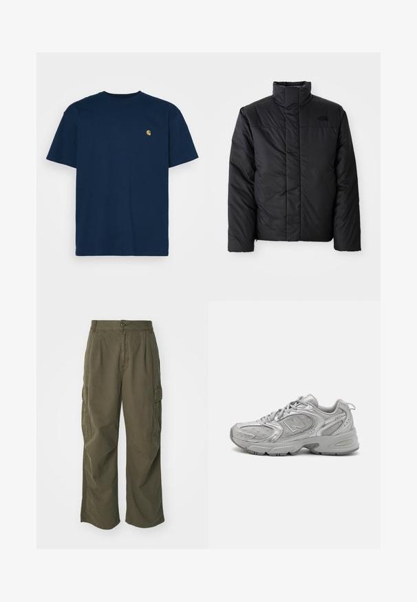 Jachetă izolată neagră cu guler înalt, cu fermoar frontal și un logo pe partea stângă a pieptului. Materialul pare neted și pufos.; Carhartt WIP CHASE - Tricou basic - mizar/gold; Pantaloni cargo de culoare verde oliv, din bumbac, cu un design cu picioare largi, plii și buzunare laterale pentru utilitate.; Pantof la sport argintiu cu un design elegant, panouri din plasă, limbă căptușită, partea superioară din material sintetic texturat și talpă din cauciuc pentru aderență.
